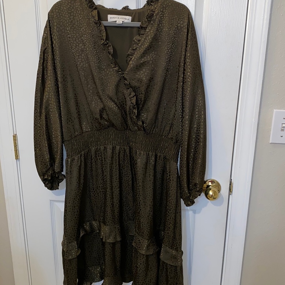 Emma & Michele Dress V Neck Ruffles Olive Green Plus Size 2X